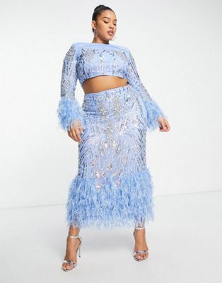 ASOS LUXE Curve co-ord cropped embellished set with faux feather cuffs in blue