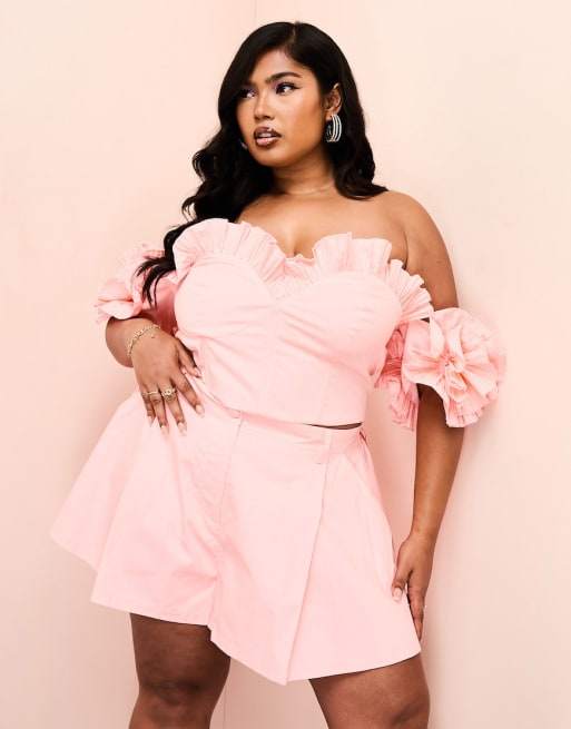 ASOS LUXE Curve co-ord pleated ruffle top and flippy shorts in pink