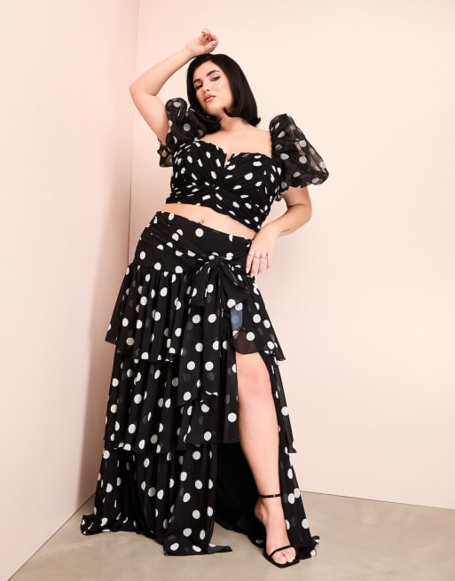ASOS LUXE Curve - Co-ord set van top van organza met pofmouwen en strik achter en maxirok met stippenprint 