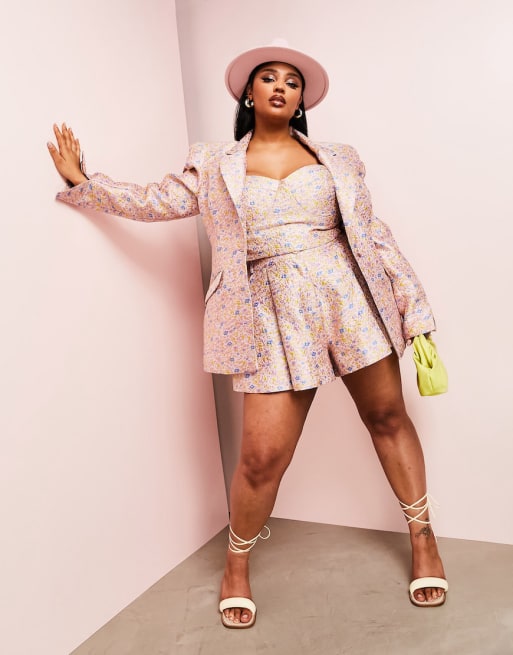 ASOS LUXE Curve jacquard blazer, bralette and shorts set in pink