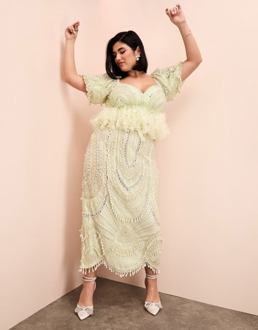 ASOS LUXE Curve - Top con maniche a sbuffo e gonna midi verde con decorazione in perline