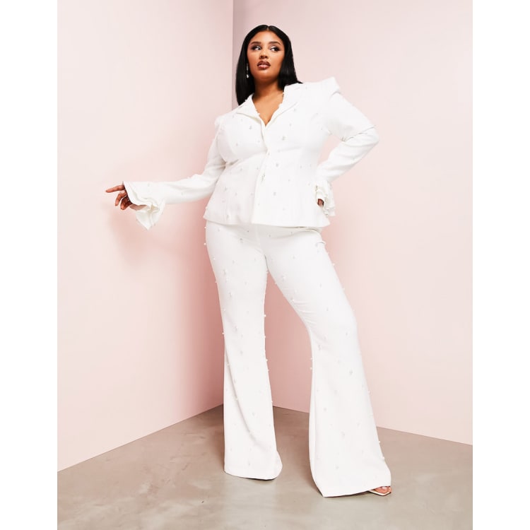 ASOS LUXE Curve Wedding suit pearl blazer and flare trouser in white | ASOS