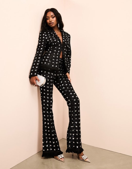 ASOS LUXE embellished boucle blazer and pants with faux feather