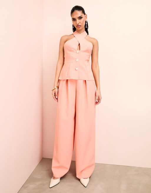 ASOS LUXE halterneck tailored suit vest and wide leg pants in peach