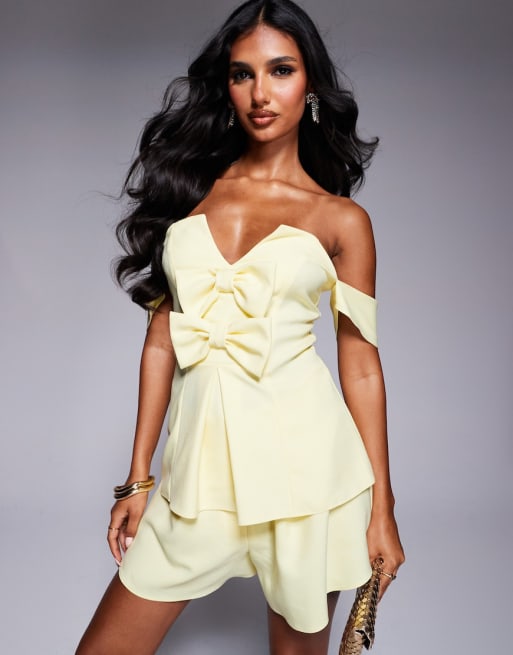 ASOS LUXE linen look off shoulder tailored top with bow detail and shorts co-ord