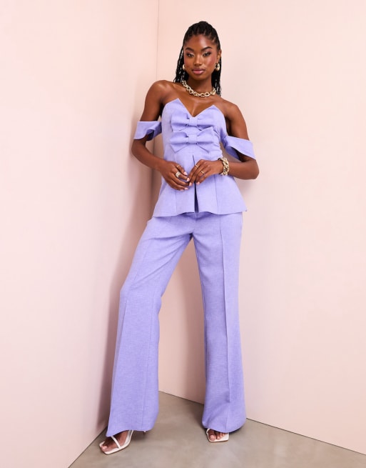 ASOS LUXE linen look off the shoulder tailored top with bow detail and tailored trousers