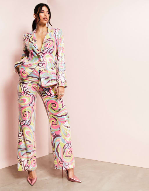 ASOS LUXE - Nette blazer en broek met wijde pijpen met lovertjes in jaren 70 print