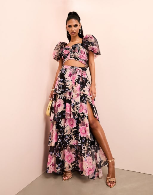 ASOS LUXE – Organza-Set mit Blumenprint bestehend aus Oberteil mit Puffärmeln und Schleifendetail am Rücken sowie Maxirock