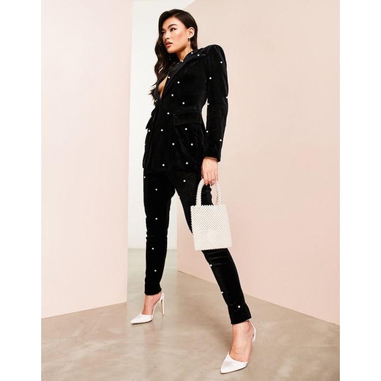 ASOS LUXE pearl velvet suit fitted blazer and pants set in black