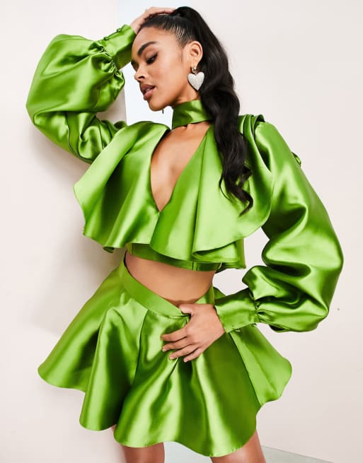 ASOS LUXE satin full shorts in green - part of a set