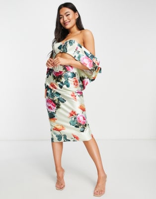 ASOS Luxe – Satynowy zestaw z kokardką w kwiatowy wzór: top z dekoltem bardot i spódnica ołówkowa midi 