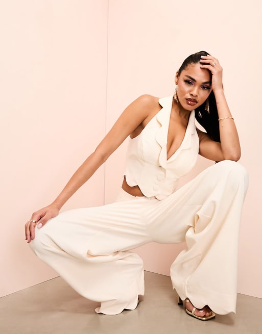 ASOS LUXE scallop hem tailored waistcoat and wide leg trousers in cream