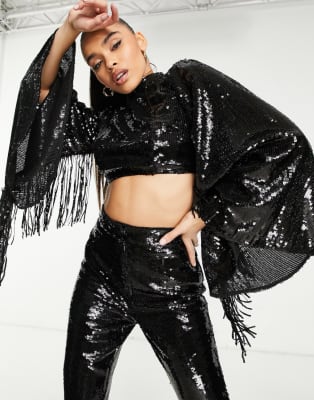 ASOS LUXE sequin fringe set in black