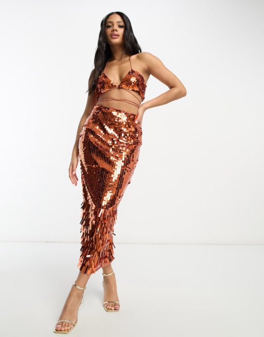 ASOS LUXE – Set aus gewickeltem Bustier-Oberteil mit Bindedetail und Midirock in Kupfer mit Paillettenbesatz