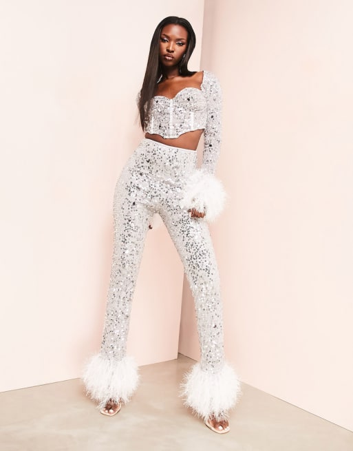 ASOS LUXE sweetheart neck faux feather trim sleeve sequin crop