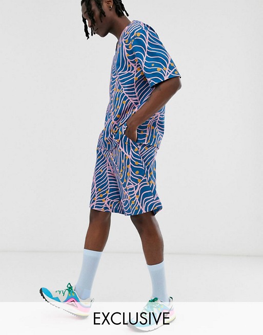 ASOS Made In Kenya v-neck shirt and oversized shorts in scribble print