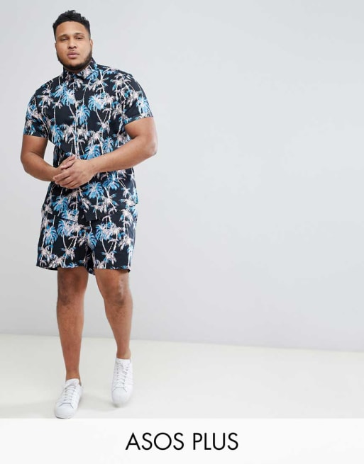 ASOS PLUS - Combi-set in zwart met Hawaïaanse print