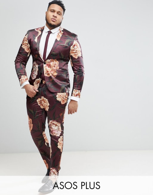 Asos Plus Super Skinny Suit In Burgundy Floral Print Asos