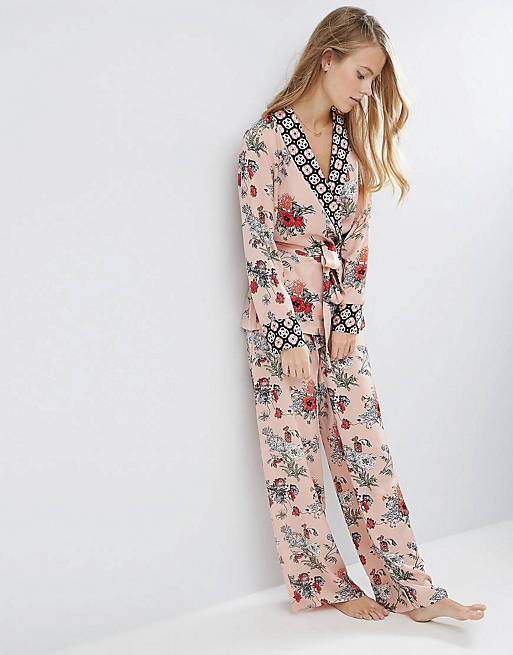 ASOS PREMIUM Mixed Floral & Tile Print Satin Kimono and Long Leg Trouser Set