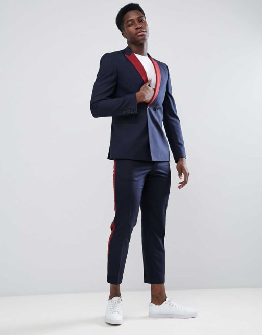 ASOS Skinny Double Breasted Suit In Navy With Wine Lapel ASOS