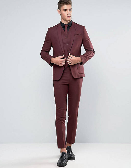ASOS Skinny Suit In Burgundy Micro Texture