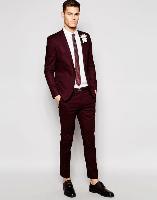 Asos Skinny Wedding Suit In Poplin In Burgundy Asos