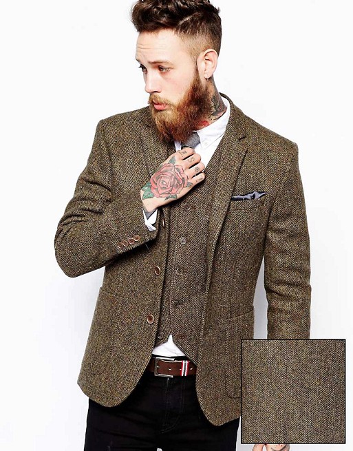 ASOS Slim Fit Blazer and Waistcoat In Khaki Harris Tweed