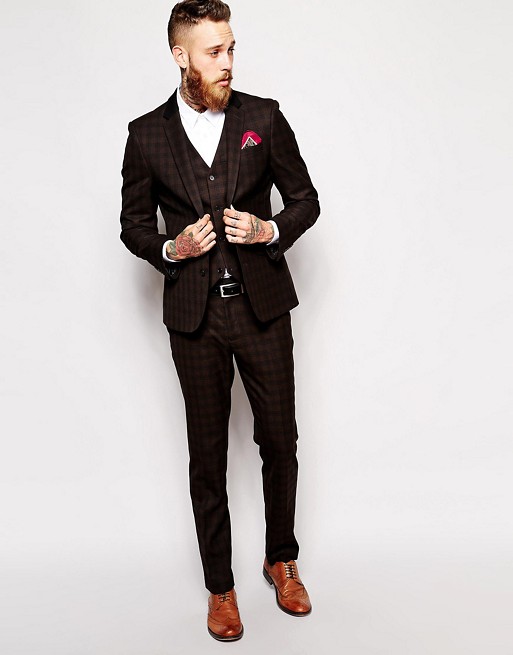 ASOS Slim Fit Suit In Brown Plaid Check