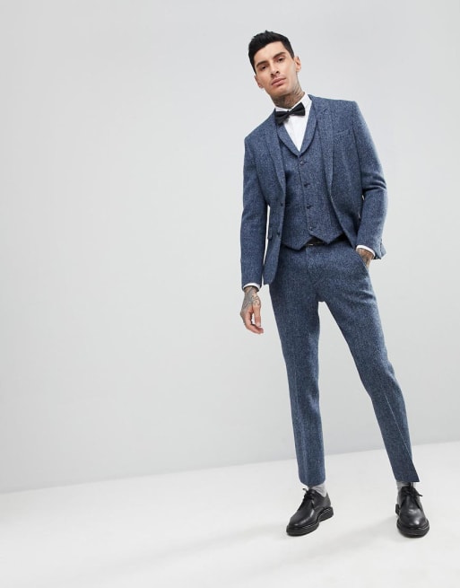 ASOS Slim Suit in 100 Wool Harris Tweed In Blue Mini Check ASOS