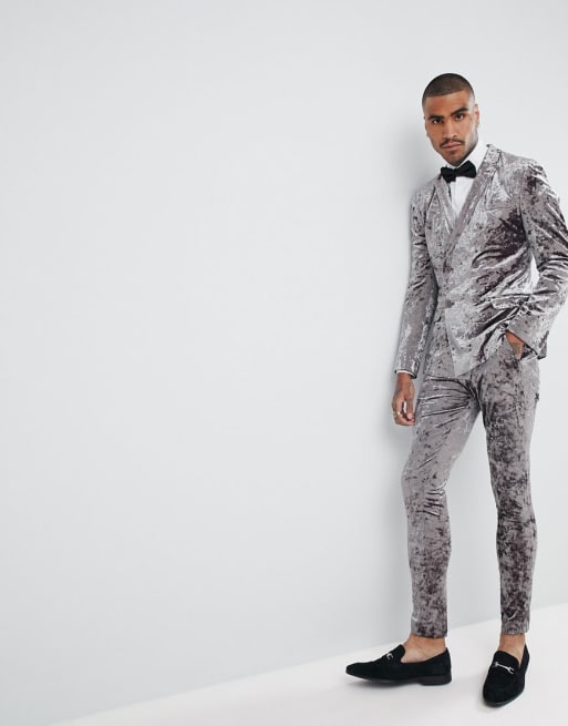 ASOS Super Skinny Tuxedo In Gray Crushed Velvet 