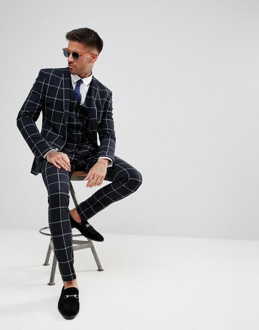 ASOS – Superenger Anzug in Marineblau mit weißem Karomuster 