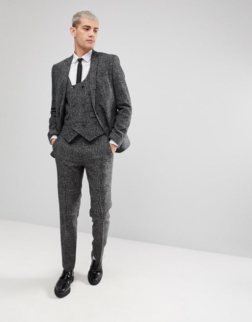 ASOS – Svartvitrutig kostym med smal passform i ullrikt material 