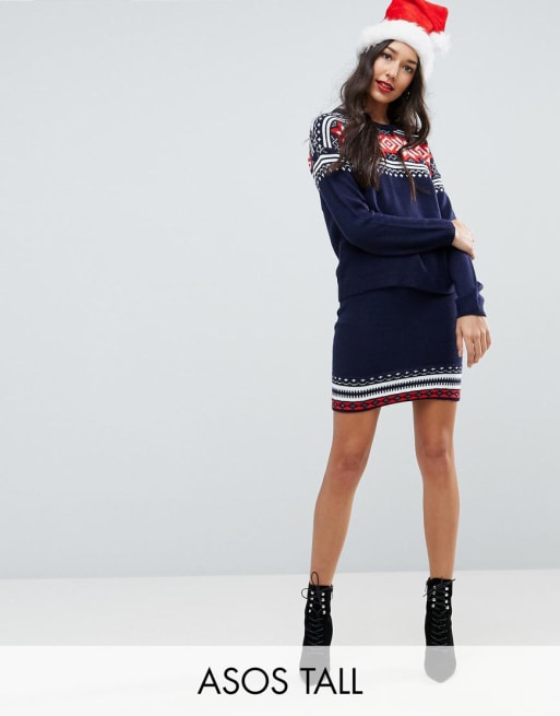 ASOS TALL - Combi-set met kersttrui en -rok met fairisle-patroon 