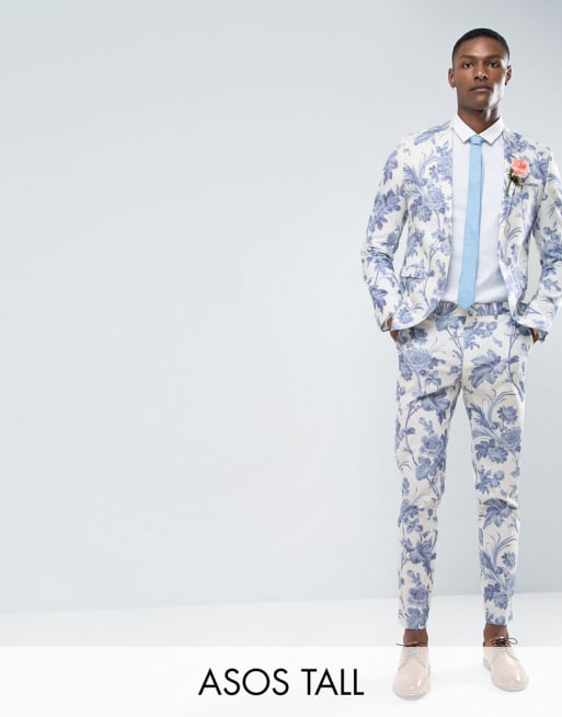 ASOS TALL - Costume de mariage coupe ajustée en coton à fleurs - Bleu et blanc 