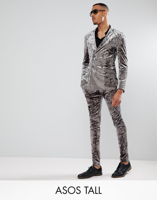 ASOS TALL Super Skinny Double Breasted Tuxedo In Gray Crushed Velvet 