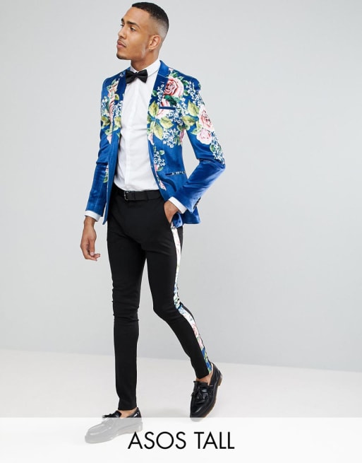 ASOS TALL Super Skinny Suit In Velvet With Teal Floral Print ASOS