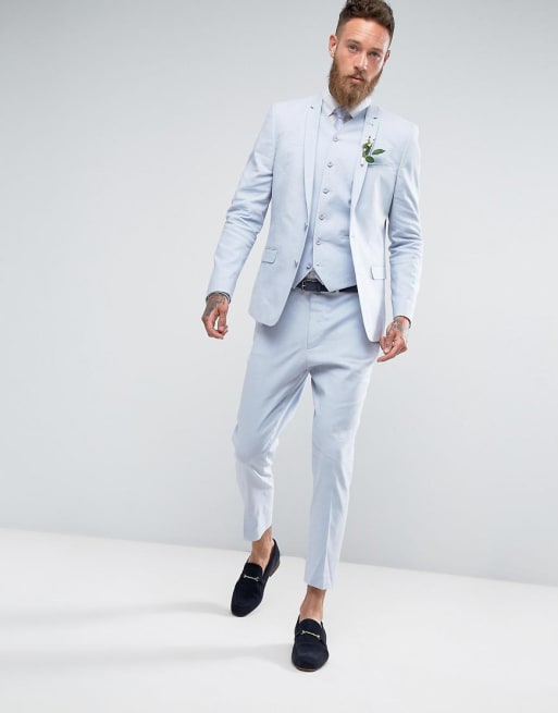 ASOS WEDDING Skinny Suit In Light Blue Stretch Linen Cotton | ASOS