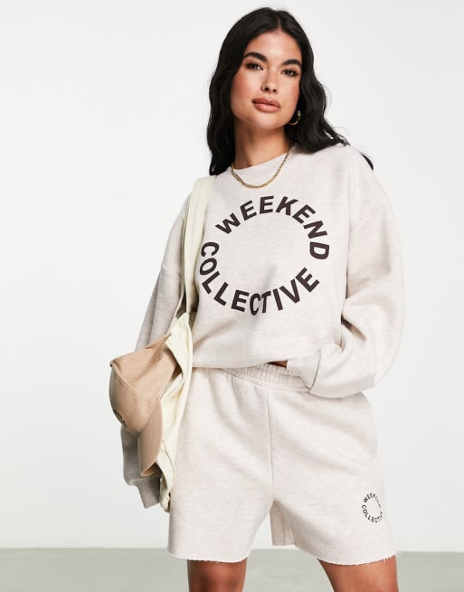 ASOS Weekend Collective co-ord sweat & short with round logo in oatmeal ...