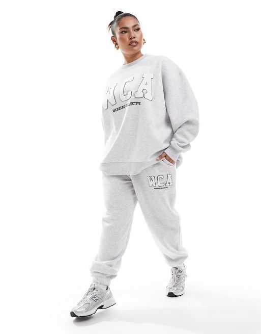 FhyzicsShops Weekend Collective Curve jogger and sweat with varsity logo in grey marl - 