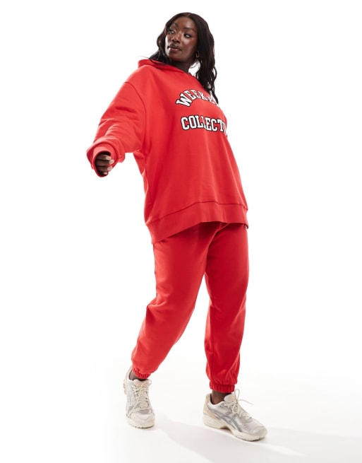 ASOS Weekend Collective Curve varsity oversized sweatpants and hoodie set in red ASOS