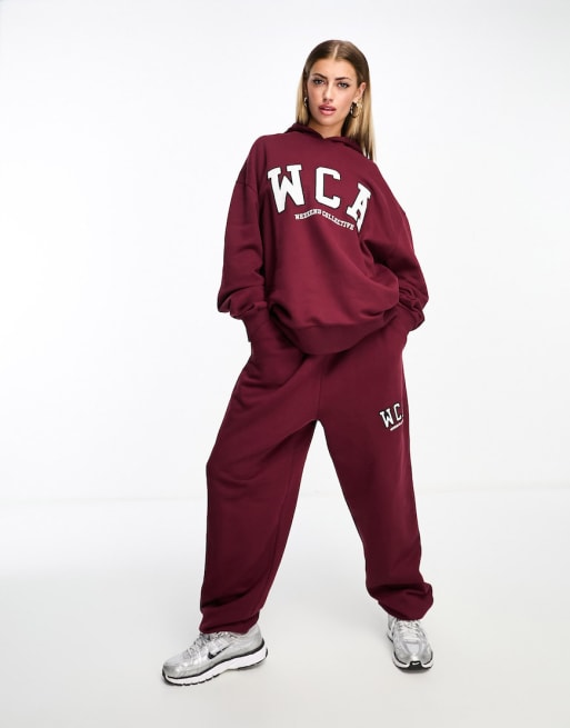 ASOS Weekend Collective oversized sweatpants and Tshirt with WCA logo in  burgundy