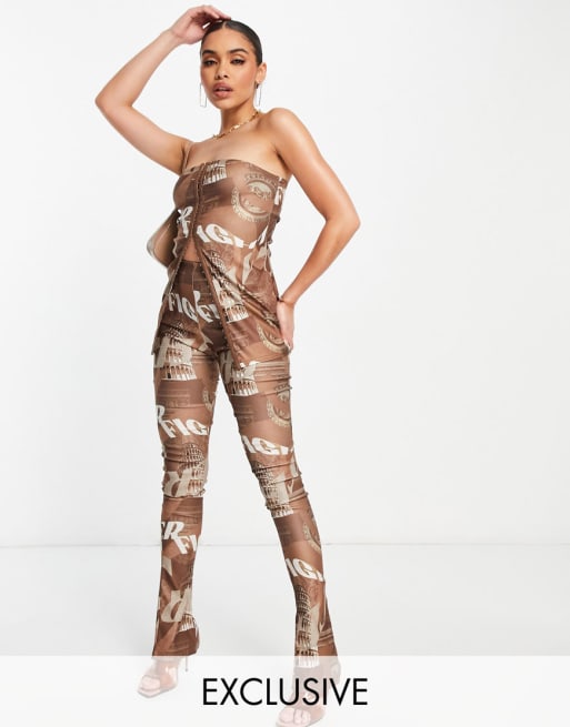 ASYOU - Combi-set met print en zeer lange pijpen in bruin