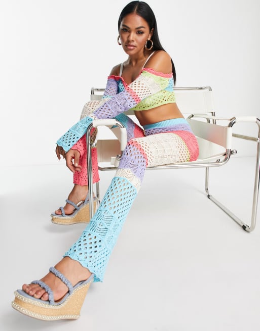 ASYOU long sleeve crochet crop top in multi - part of a set