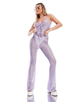 ASYOU festival glitter mesh cut out flare trouser co-ord in lilac