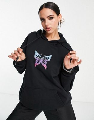 ASYOU ombre butterfly graphic hoodie co-ord in black