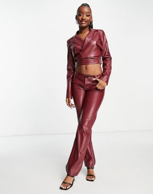 ASYOU pu straight leg trouser with buckle detail in wine