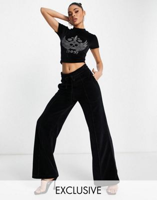 ASYOU velour crop top co-ord with diamante graphic in black