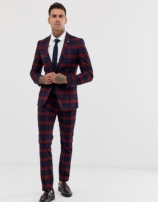 Avail London skinny fit suit in burgundy check