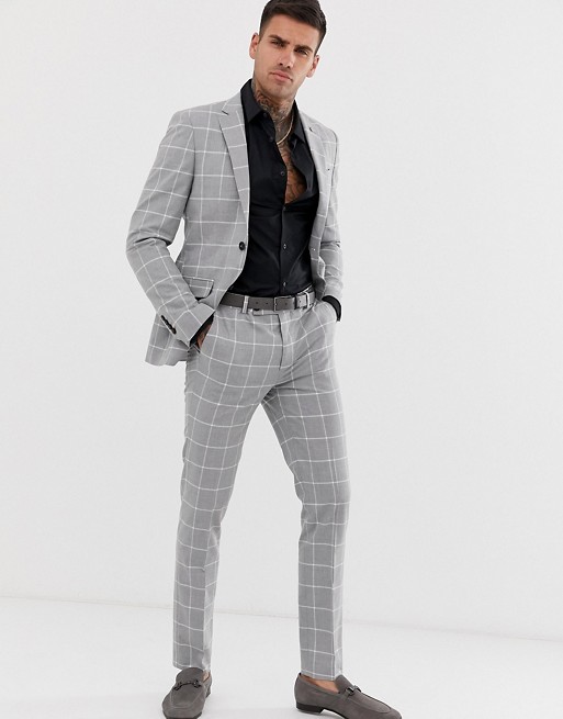 Avail London skinny fit suit in light grey windowpane check