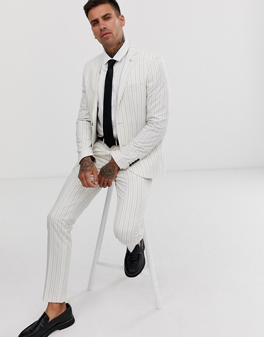 Avail London skinny fit suit in stone with navy pinstripe